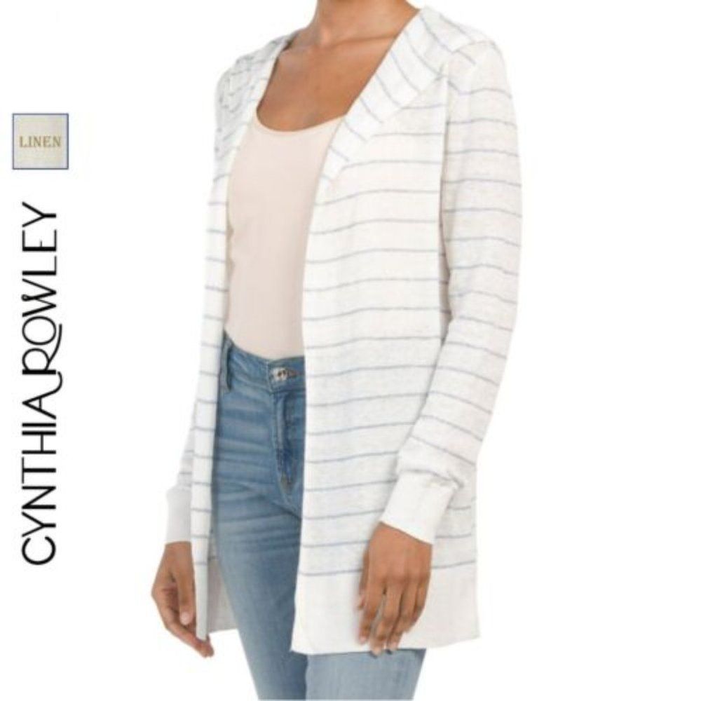 Cynthia Rowley Light Weight Linen Blend Striped Hooded Open Cardigan (L)